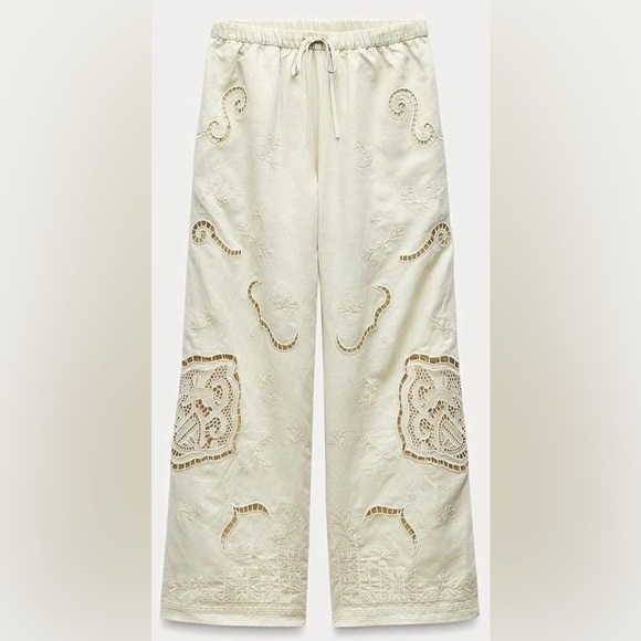 Zara Pants - NWOT Zara Cream Wide-Leg Embroidered Cutwork Pants ZW Collection S  *Orig $109